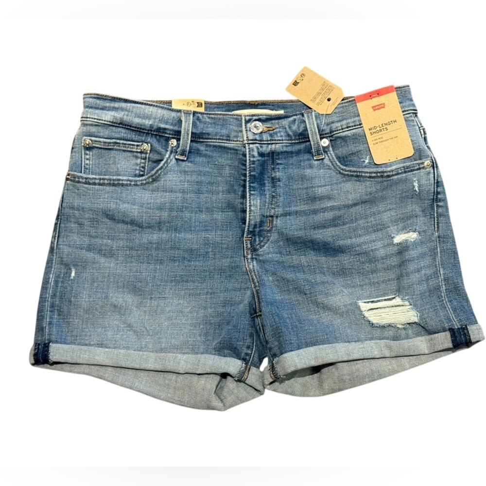Levi’s Mid-Length Mid-Rise Blue Distressed Denim Shorts Women’s Size 31 NWT
